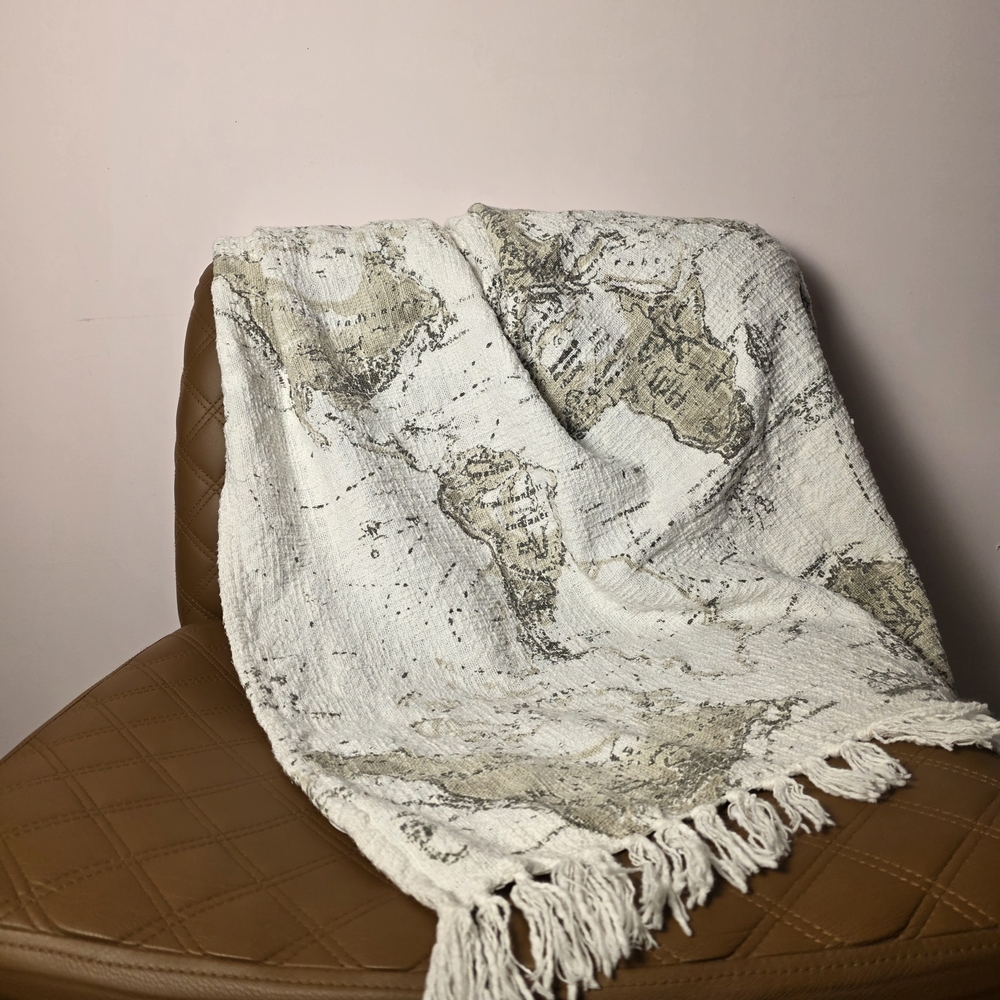 Envogue Woven World Map Throw Blanket 45x56 Nautical Fringe Cotton Travel Boho